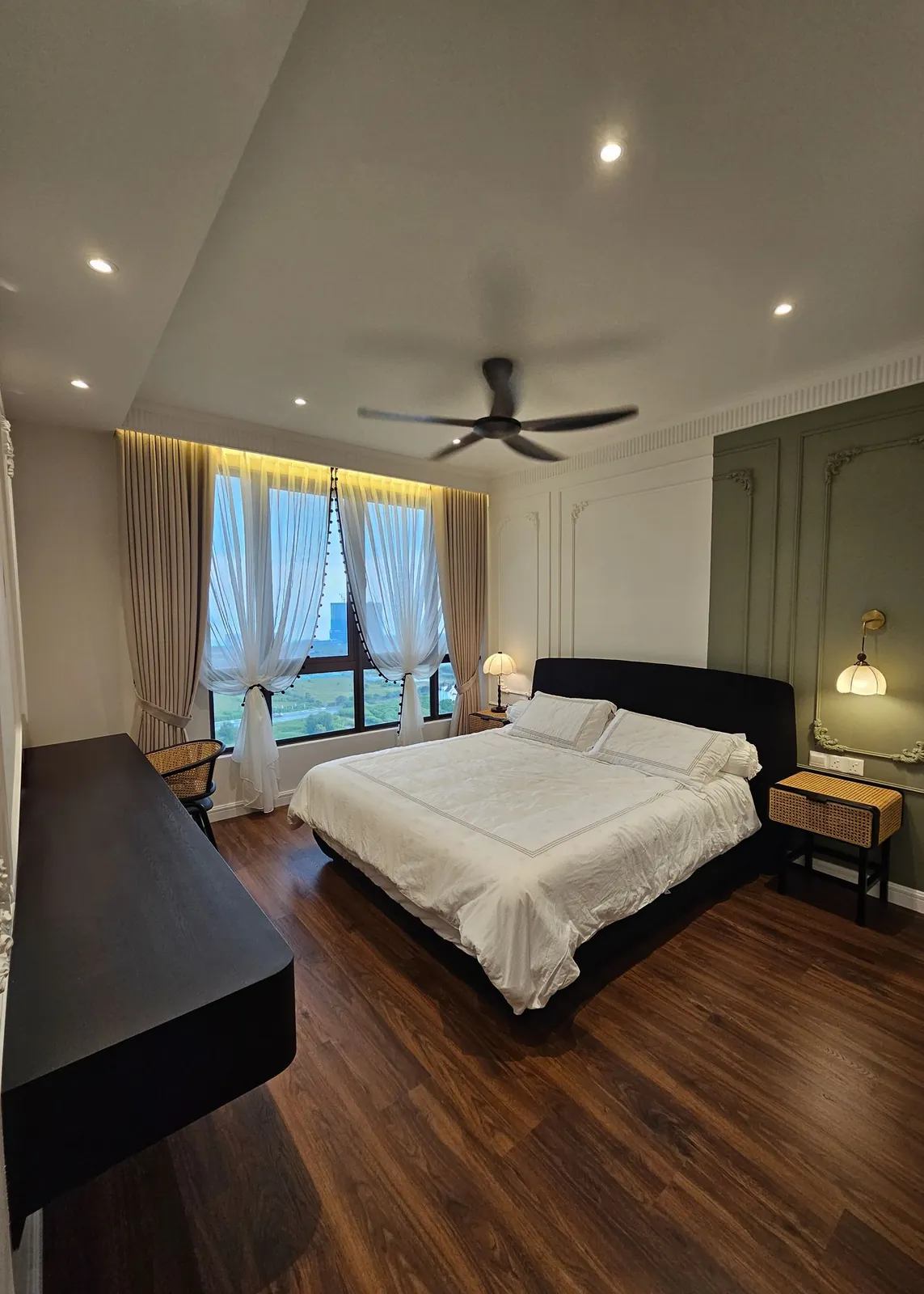 Bali Residence bedroom wide view with cove lighting and timber-look floor