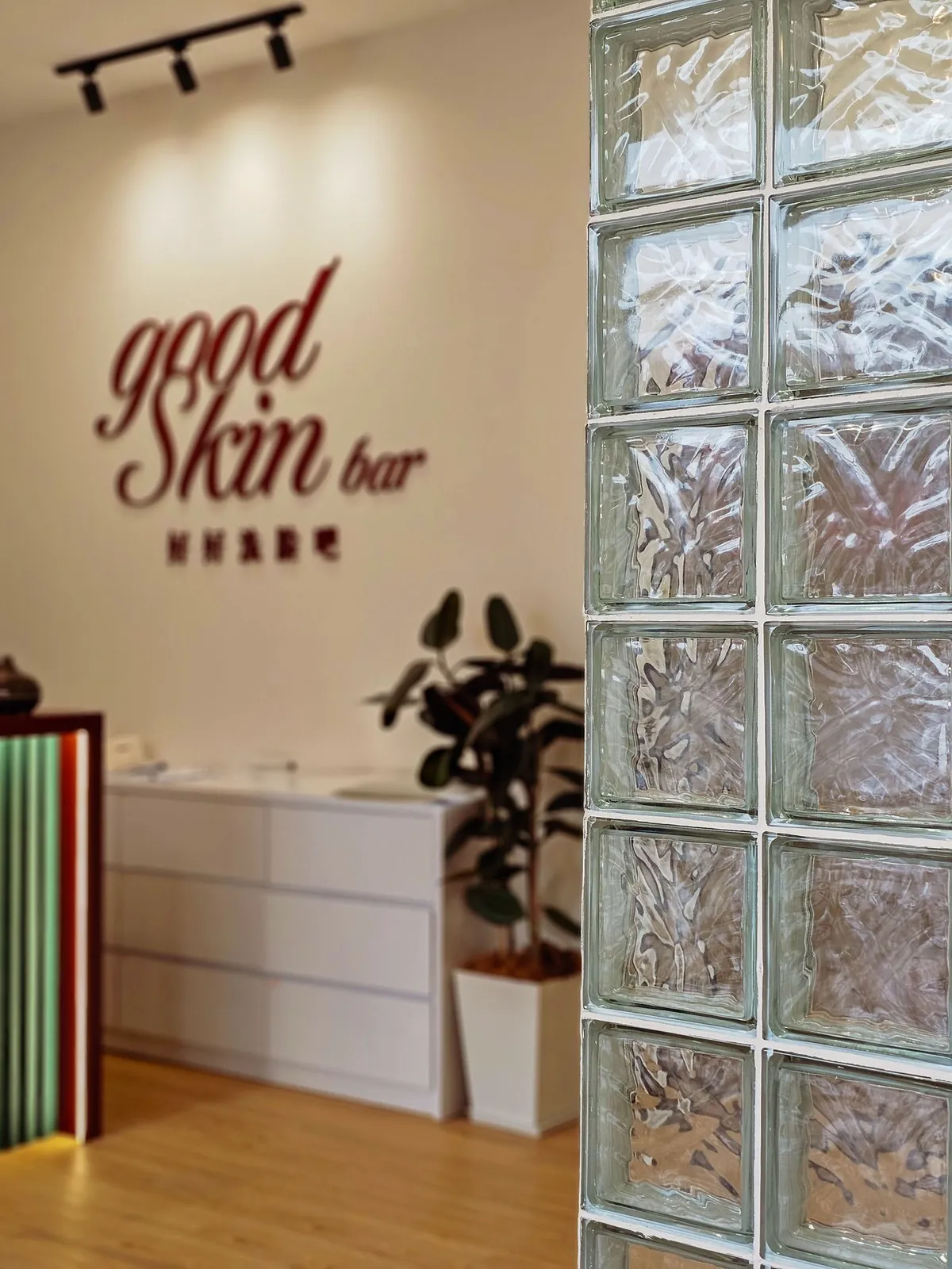Good Skin Bar logo wall and white drawers seen past the glass blocks